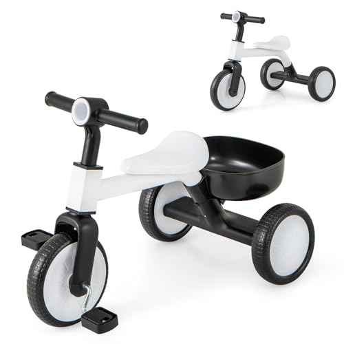 BABY JOY Toddler Tricycle, 2-in-1 Kids Tricycle Auxiliary Balance Bike with Carbon Steel Frame, Detachable Pedals & Removable Storage Basket, Toddler Trikes for 2-4 Year Old Baby Boy Girl