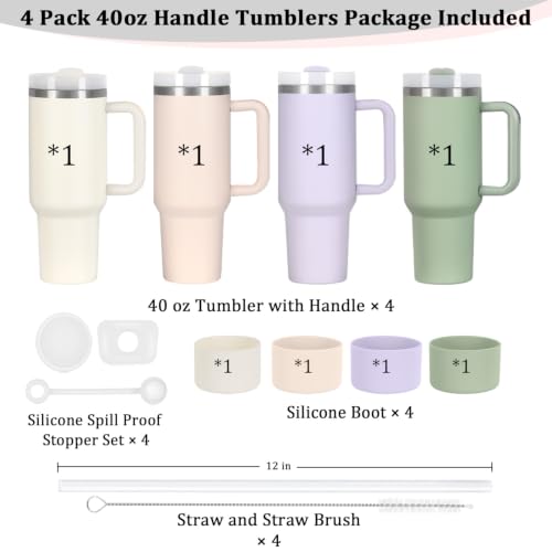 40 Oz Stainless Steel Tumbler with Handle Set - Cream, Purple, Green, Rose Quartz