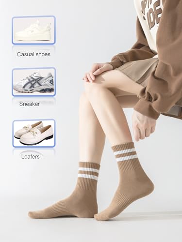 Women’s Striped Cotton Crew Socks - 4 Pairs, Size 5-10, White Coffee Brown Beige