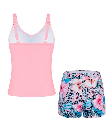 Pink Floral Tween Girls Tankini Swimsuit 2 Piece Bathing Suit with Chest Pad - Size 10
