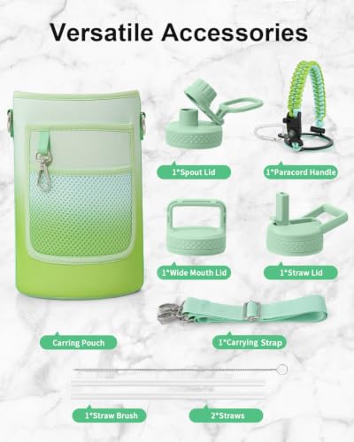 Dark Green 64oz Insulated Stainless Steel Water Bottle with 3 Lids & Paracord Handle