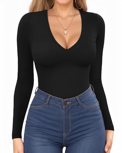 Deep V Neck Long Sleeve Women's Shirt Low Cut Top Compression T Shirt Black Medium