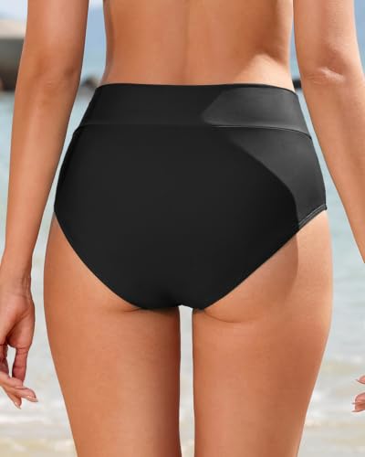Women High Waisted Cross Front V Cut Bikini Bottoms - Medium Black