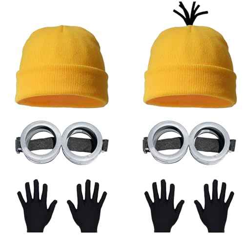 6PCS Costume Accessories Set Yellow Beanie Knit Hat Vintage Goggles Glasses Black Gloves for Halloween Cosplay