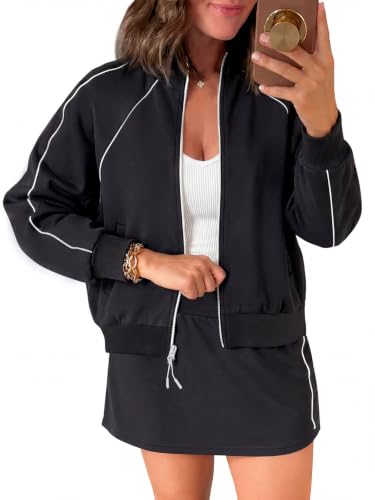 Women's 2-Piece Skirt Set with Zip-Up Cropped Jacket - Medium Black