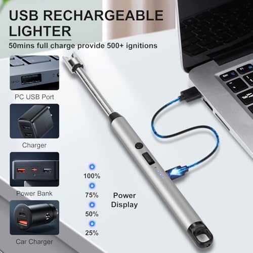 Electric Candle Lighter Set - Windproof USB Rechargeable Plasma Flameless with LED Battery Display - Black, Silver, Gold