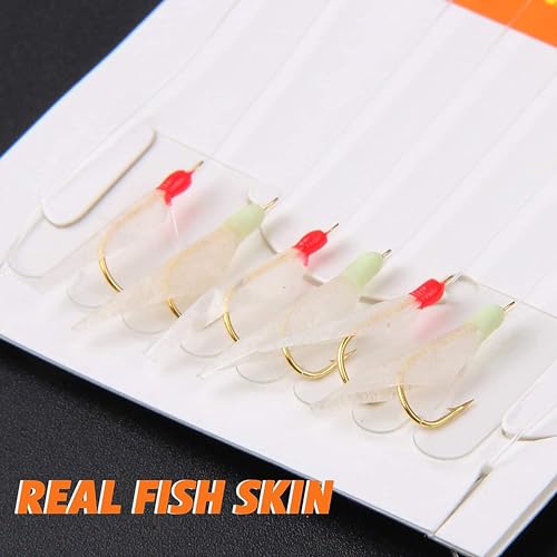 Saltwater Surf Fishing Rigs with Real Fish Skin Glow Beads Hooks Swivels - Size 4, 8 Pack - Type A