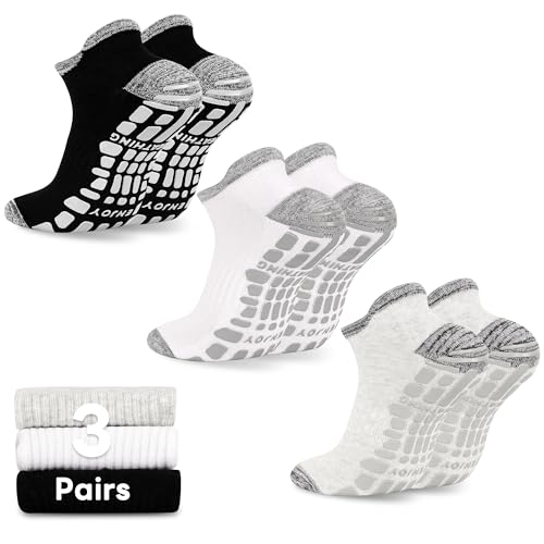Men's Grip Socks 3 Pairs Non Slip Yoga & Pilates Socks Black White Grey - Size 12-14