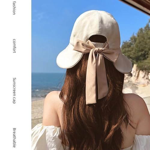 Beige Foldable Wide Brim Sun Hat for Women with Ponytail Hole - UV Protection & Bowknot