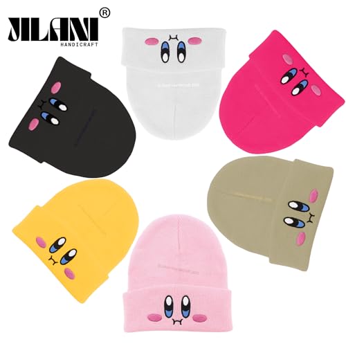 Kids Anime Beanie Hat Pink - Cute Kawaii Slouchy Embroidered Face Knit Cap for Adults