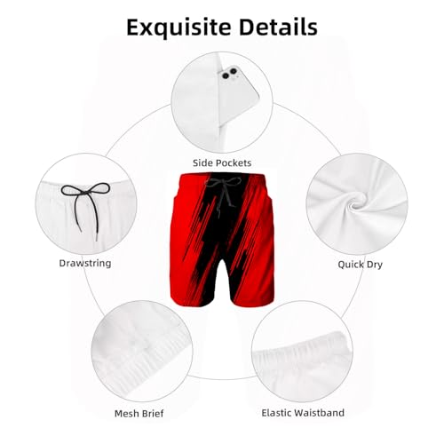 Men's Red Black Medium Swim Trunks with Mesh Lining, Quick-Dry Beach Shorts