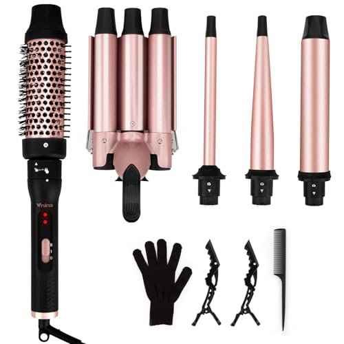 5 in 1 Curling Wand Set, 3 Barrel Curling Iron Set with 1.5" Thermal Brush and 4 Interchangeable Ceramic Curling Wand (0.5-1.25"), Fast Heating Hair Curler, Dual Voltage, Include Comb & Glove & Clips