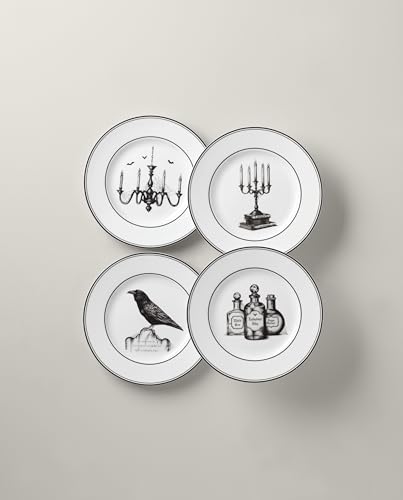 Halloween Porcelain Dessert Plates Set of 4 - Vintage Voodoo & Raven Artwork
