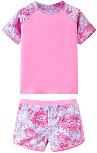 Girls Rash Guard Swimsuit Short Sleeve Bathing Suit Set - Pink Dahlia, 6 Years