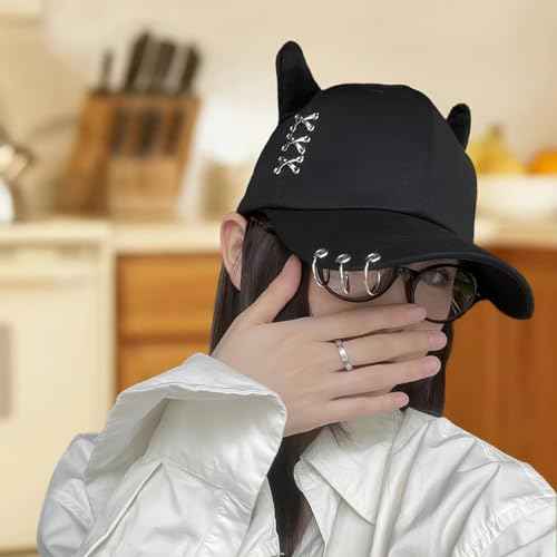 Trendy Adjustable Trucker Hat with Devil Horns, Metal Ring Casual Baseball Cap Women Men, Breathable Cotton K-pop Cap