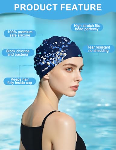 Silicone Swim Cap for Women Men - Floral Pattern, Comfortable Fit & Water-Resistant