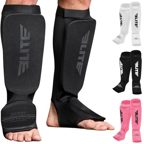 Elite Sports MMA Shin Pads with Instep Guard for Adults & Kids - All Black, L/XL