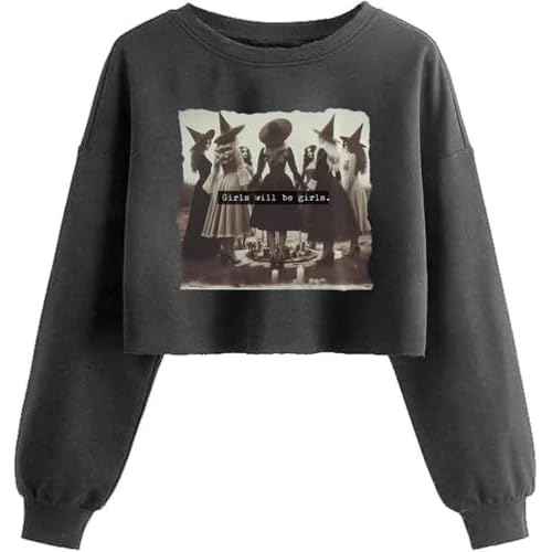 Women's Witch Crop Sweatshirt Fall Halloween Vintage Graphic Lantern Long Sleeve Pullover Spooky Season Sweatshirt