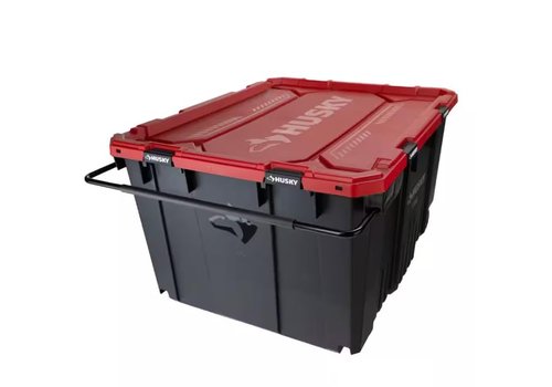 Husky 170 Gallon Pro Grip Storage Tote, Black/Red, Wheeled with Steel Handle, 48.6 x 40.1 x 27.4 inches