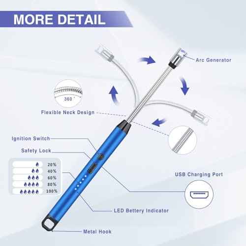 2 PCS Candle Lighter, Electric Lighter Arc Windproof Flameless with 360¡Æ Flexible Neck & LED Power Display, Lighters for Candle for BBQ, Grill, Camping, Fireplace, Stove(Blue)