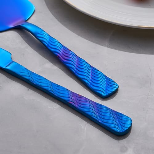 Blue Cake Cutting Set - Stainless Steel Knife and Server with Filigree Design