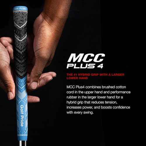 Golf Pride MCC Plus4 Golf Club Grip - All-Weather Hybrid Grip with Larger Lower Hand - Brushed Cotton Cord & Pebbled Texture - Black/Gold
