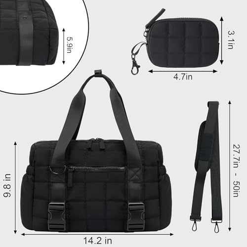 Small Gym Bag for Women with Yoga Mat Holder - Black, Puffy Sports Duffle