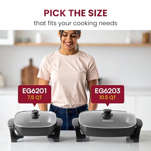 Elite Gourmet EG6203 Extra Deep 16"x13"x3.2" (10.5Qt.) Scratch Resistant, Easy Pour Spout, Dishwasher Safe, Non-stick Electric Skillet with Vented Glass Lid, Adjustable Temperature, Black