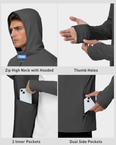 Roadbox Men's UPF 50+ Sun Hoodie - Lightweight Zip Up UV Protection Gray Large