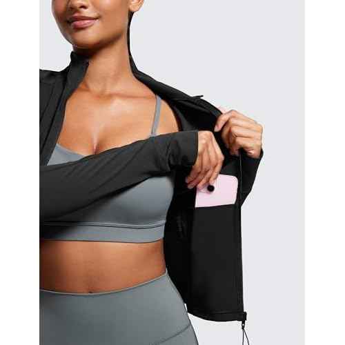 CRZ YOGA Butterluxe Womens Cropped Slim Fit Workout Jacket Weightless Track Athletic Full Zip Up Tops with Thumb Holes