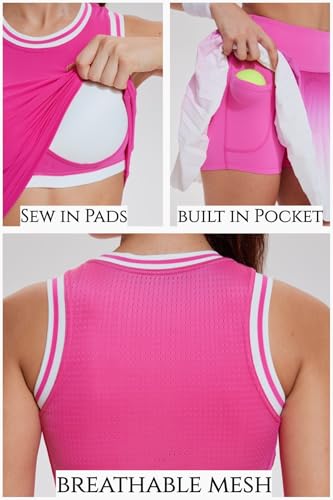 Women Pleated Tennis Skirt Set - Golf & Pickleball Athletic Outfit with Built-in Shorts, Hot Pink, Medium