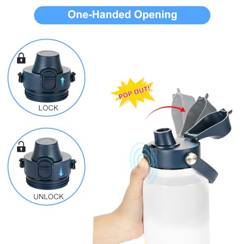 Navy Auto Spout Lid for YETI Rambler Bottles 18/26/36/64 oz - Chug Replacement Cap with Push-Button & Handle