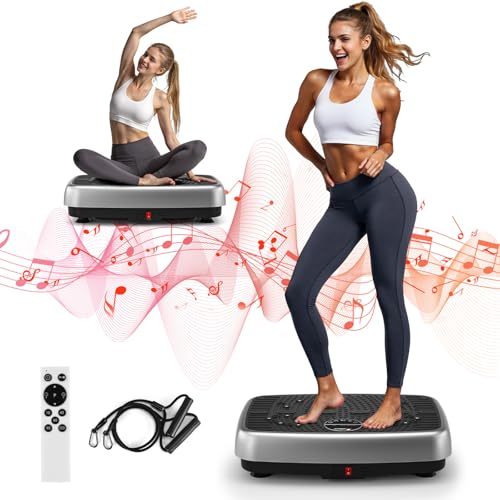 Grey Vibration Plate Exercise Machine with Dual Motor, Full Body Workout & Resistance Bands
