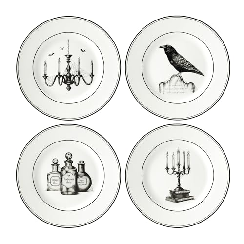 Halloween Porcelain Dessert Plates Set of 4 - Vintage Voodoo & Raven Artwork
