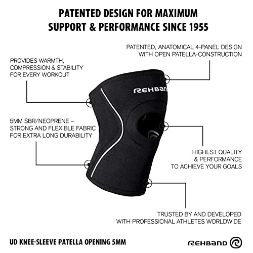 Rehband Open Patella Knee Brace 5mm Neoprene, Supportive Knee Sleeve with Patella Support, Knee Protection for Strength Training, Jogging & Fitness, Colour:Black - 1 Pair, Size:X-Small