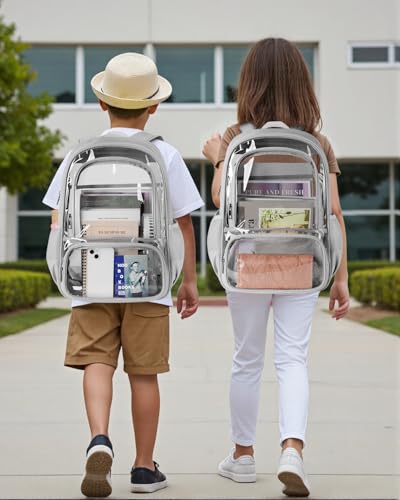 Large Grey Clear Backpack with Reinforced PVC & Fabric, Laptop & Travel Bag