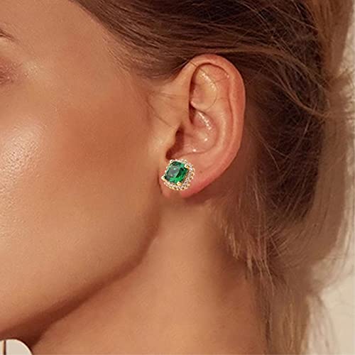 Simulated Emerald Earrings - Green Square Cubic Zirconia, 18K Gold Plated Studs for Women with Gift Box