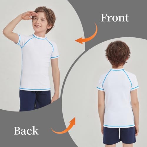 Kids UPF 50+ Short Sleeve Neon Swim Shirt - White, Age 9-10 Years - Boys Girls Rash Guard