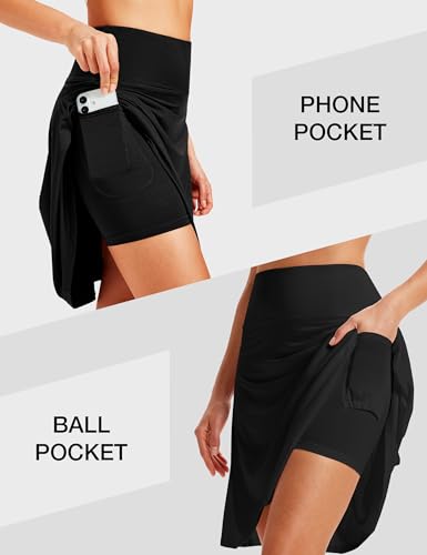 ZUTY 22-Inch Knee Length Golf Skort for Women with Pockets High Waist Tummy Control Black Large
