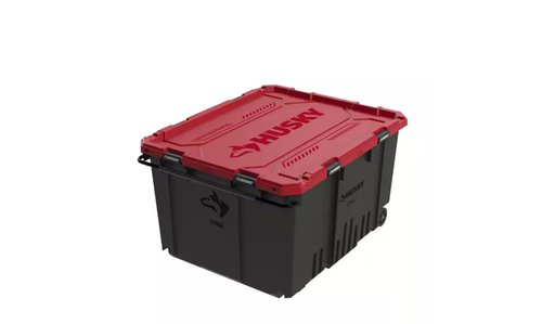 Husky 170 Gallon Pro Grip Storage Tote, Black/Red, Wheeled with Steel Handle, 48.6 x 40.1 x 27.4 inches