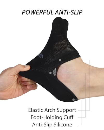 Large Black No Show Socks 6 Pack - Seamless Wide Toe Box Footies for Men & Women