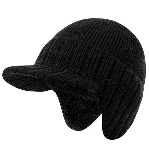 Winter Beanie with Brim and Ear Flaps for Men, Knitted hat with Fleece Lining for Warmth Caps for Men Women