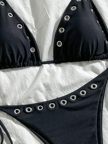 Women's 2 Piece Y2K Bikini Set Small Black Grommet Eyelet Thong Swimwear