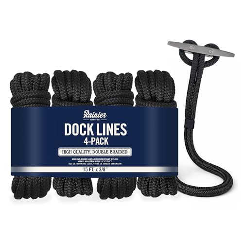 RainierSupplyCo 15' x 3/8 Inch Double Braided Nylon Dock Lines 4-Pack with Loops - Black