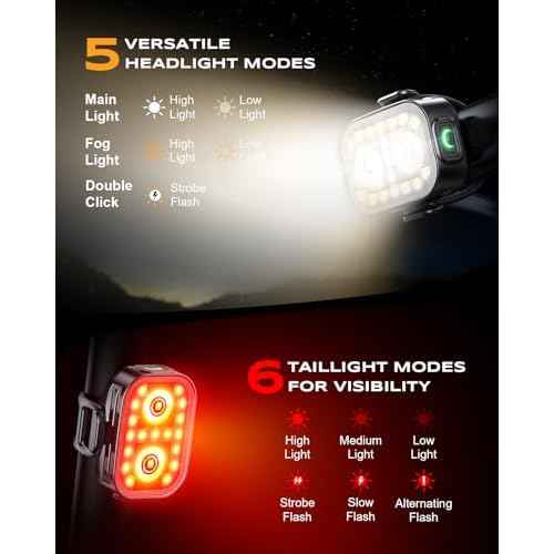 Bike Lights, Ultra-Slim & Lightweight Rechargeable Bicycle Lights Set, [5+6 Modes] Dual USB-C Bike Lights Front and Back, IP65 Waterproof Bicycle Lights for Night Riding Road Mountain Cycling