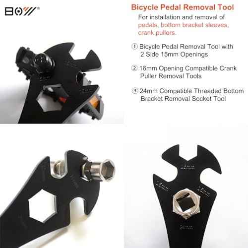 15mm Bike Pedal Wrench Removal Tool, Long Lever Bicycle Pedal Spanner, 15mm/16mm/24mm Openings (3-in-1)