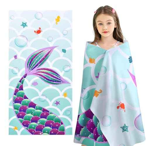 WERNNSAI Mermaid Kids Beach Towel for Girls - 30¡± x 60¡± Mermaid Sand Free Swim Towels for Girls Bath Pool Camping Travel Towel Quick Dry Ultra Absorbent Super Soft Beach Blanket Bath Shower Towel