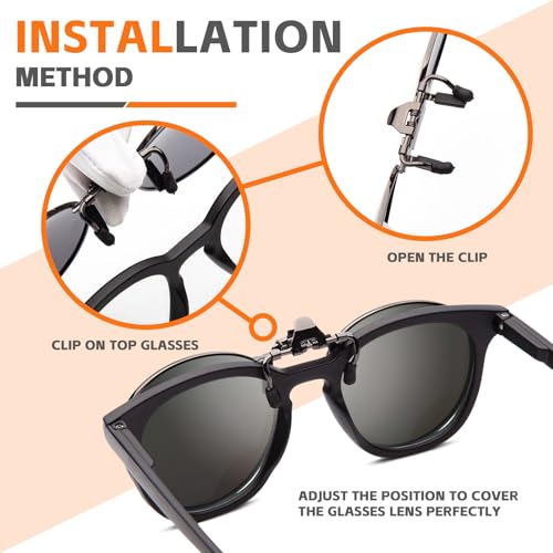 JO Polarized Clip-On Sunglasses UV400 Anti-Glare Lenses with Metal Round Frame - Black, 52mm
