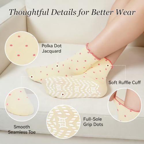 Anti Slip Crew Socks for Women - Artfasion Non Slip Grippy Ruffle Socks 9-11 Cream+White+Light Pink