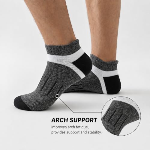 Men's Cushioned Ankle Running Socks - Moisture-Wicking, Low Cut, 7 Pairs Dark Gray